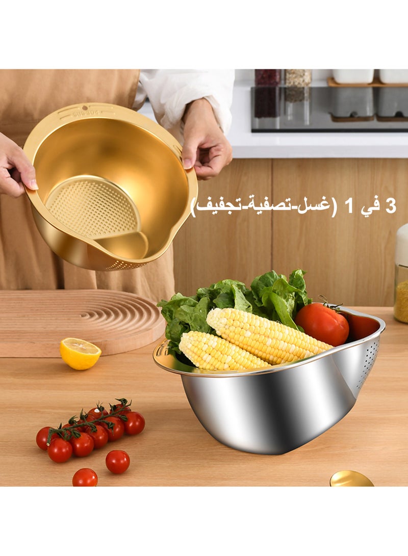 ZAYVA Washing Bowl with Strainer, Colander Strainer for Vegetables Fruits, Stainless Steel Side Drainers Versatile 4 in1 Colander, Suitable for Cleaning Fruits, Vegetables, and Beans (Gold) - Image 1