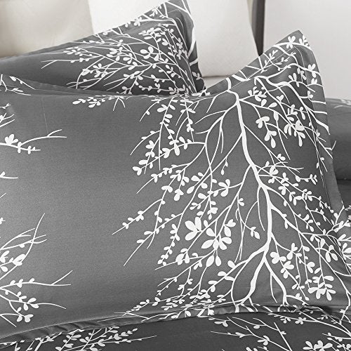 Vaulia Soft Microfiber Duvet Cover King Size, Grey and White Floral Branches Printed Pattern 3-Piece Set (1 Duvet Cover 2 Pillow Shams) - Image 4