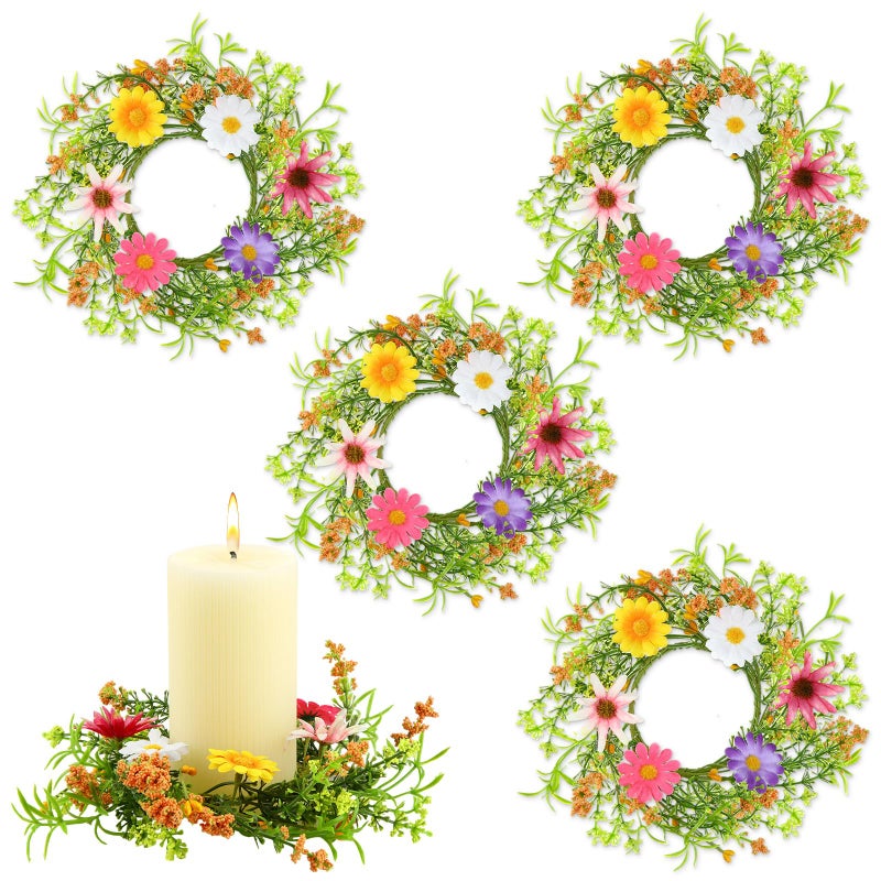 Maysing 4 Pcs Flower Candle Rings Spring and Summer Wreath Candle Rings Summer Floral Pillar Candle Rings for Party Table Centerpieces (Spring Flowers) - Image 1