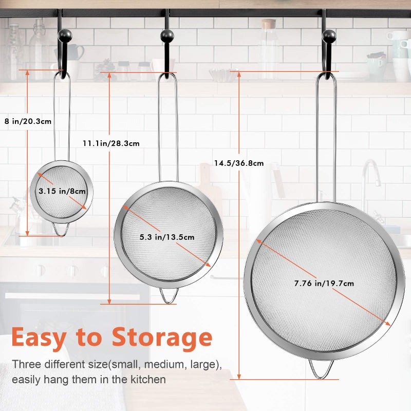 YLYL 3Pcs Super Wire Extra Fine Mesh Strainer with Handle, Small Medium Large Size Sifter Metal Strainer Set, Stainless Steel Sieve Fine Mesh Strainers for Kitchen Rice Juice Quinoa Food Flour Baking YLYL - Image 2