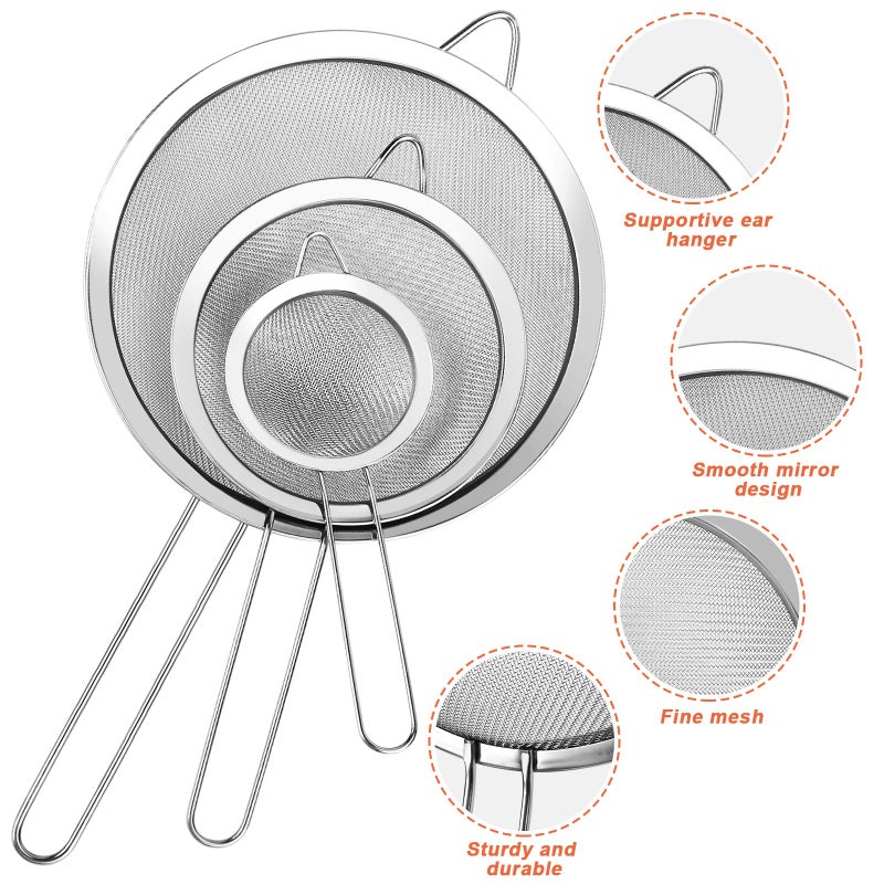 YLYL 3Pcs Super Wire Extra Fine Mesh Strainer with Handle, Small Medium Large Size Sifter Metal Strainer Set, Stainless Steel Sieve Fine Mesh Strainers for Kitchen Rice Juice Quinoa Food Flour Baking YLYL - Image 3