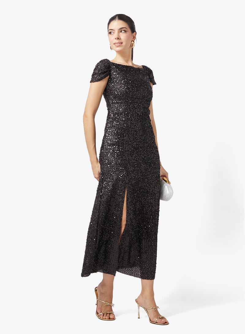 Ella Limited Edition Off Shoulder Shimmer Dress With Slit - Image 4