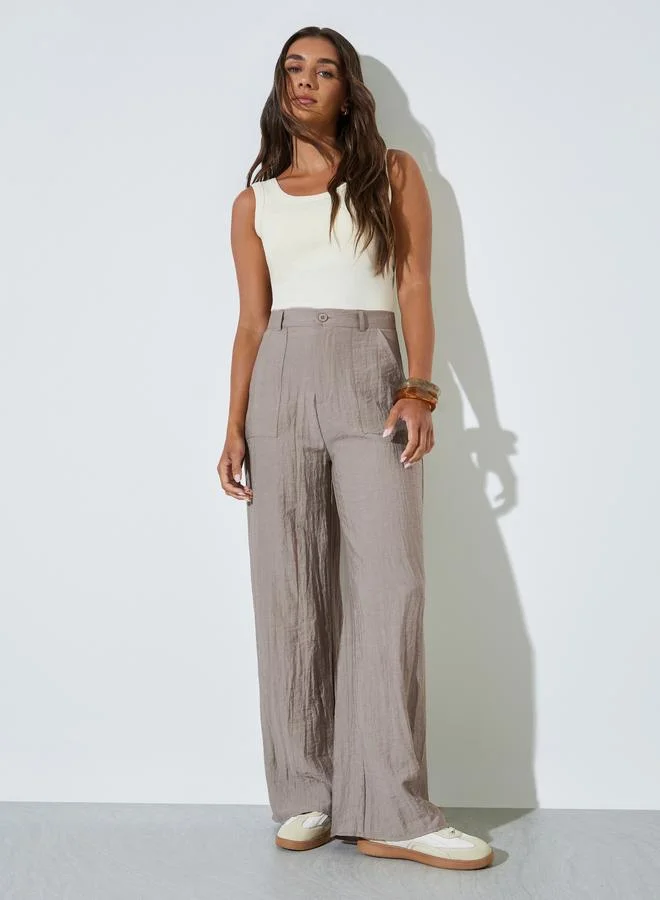 Styli Khaki Front Pocket Wide Leg Linen Like Pants