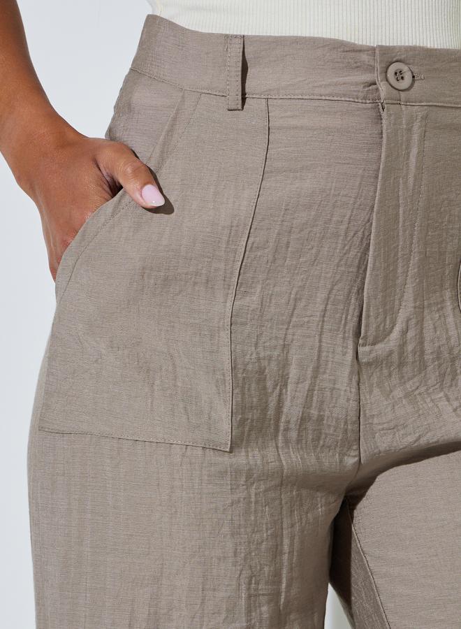 Styli Khaki Front Pocket Wide Leg Linen Like Pants - Image 3