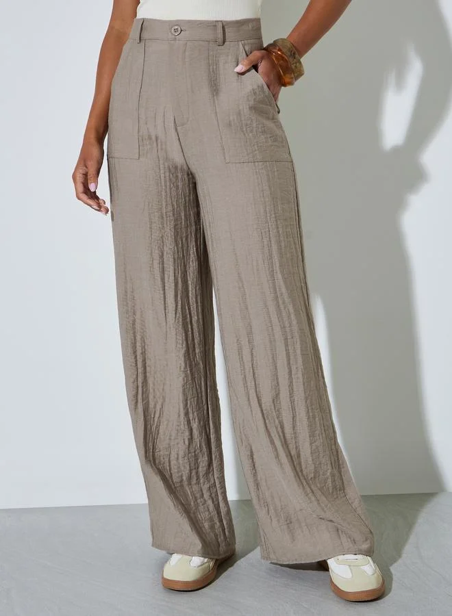 Styli Khaki Front Pocket Wide Leg Linen Like Pants