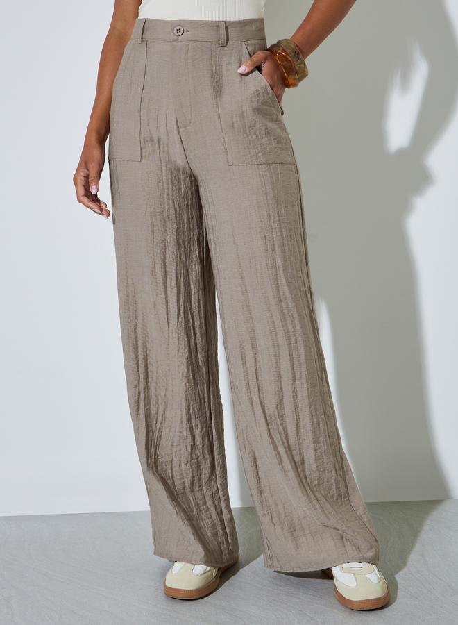Styli Khaki Front Pocket Wide Leg Linen Like Pants - Image 2