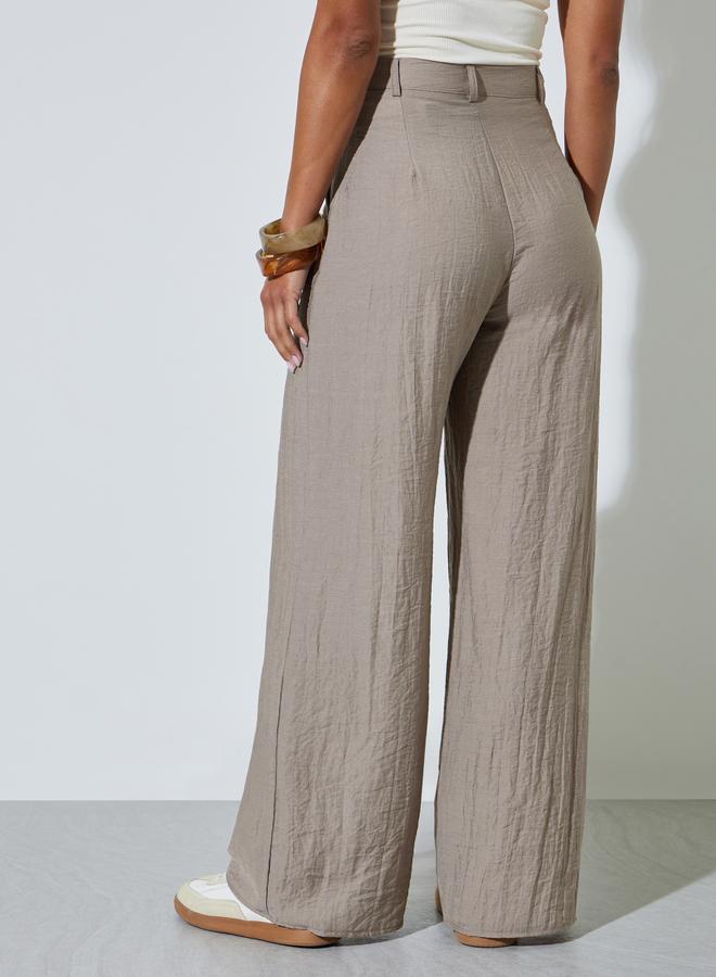 Styli Khaki Front Pocket Wide Leg Linen Like Pants - Image 4