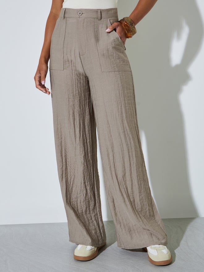Styli Khaki Front Pocket Wide Leg Linen Like Pants - Image 2