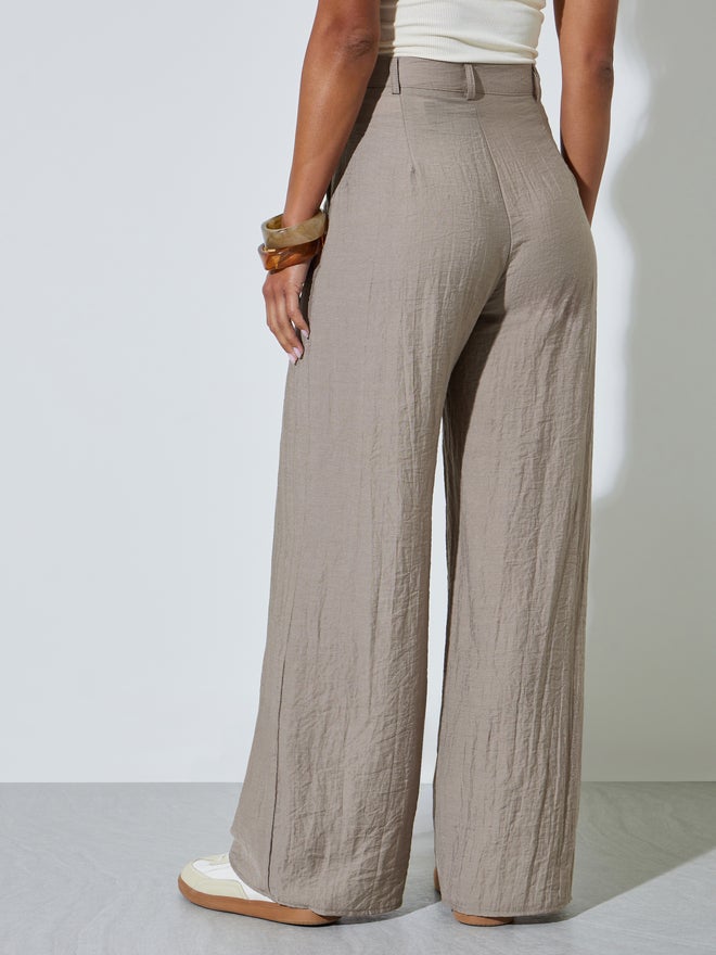 Styli Khaki Front Pocket Wide Leg Linen Like Pants - Image 4