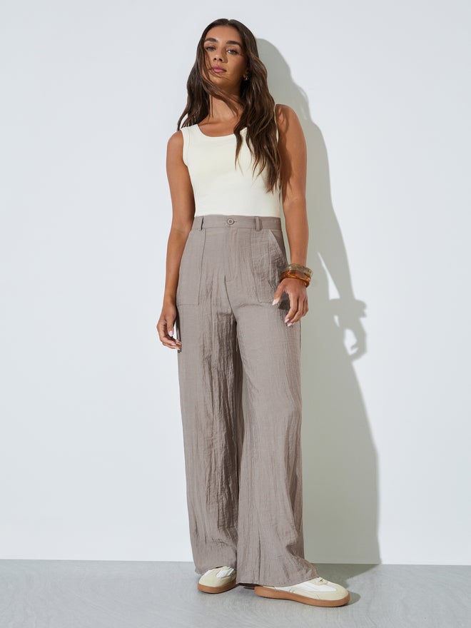 Styli Khaki Front Pocket Wide Leg Linen Like Pants - Image 1