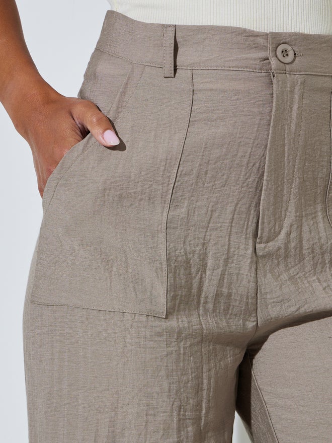 Styli Khaki Front Pocket Wide Leg Linen Like Pants - Image 3