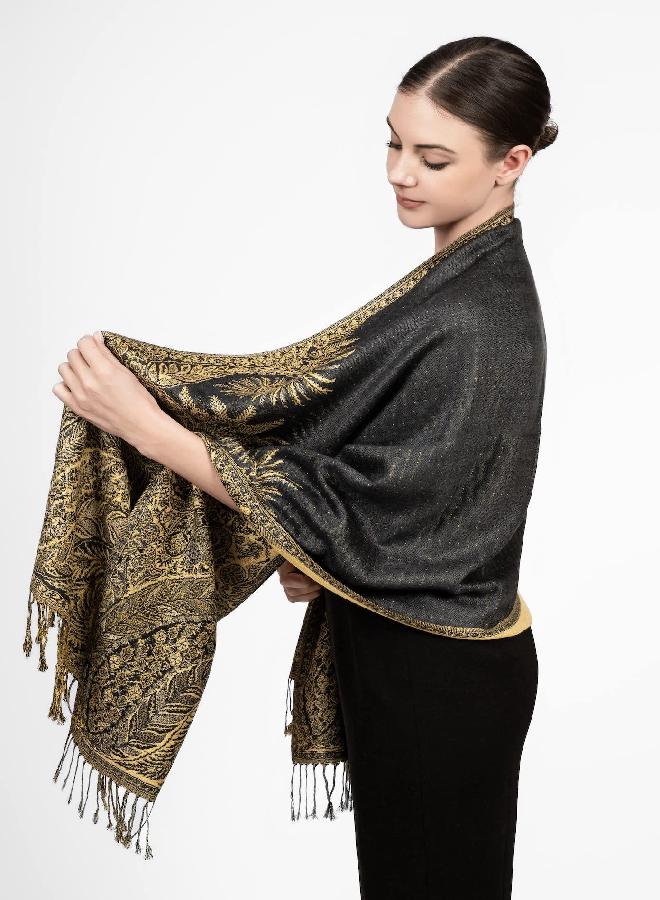 Achillea Luxurious Double Layered Jacquard Big Paisley Pashmina Shawl Wrap Scarf (Charcoal Grey)