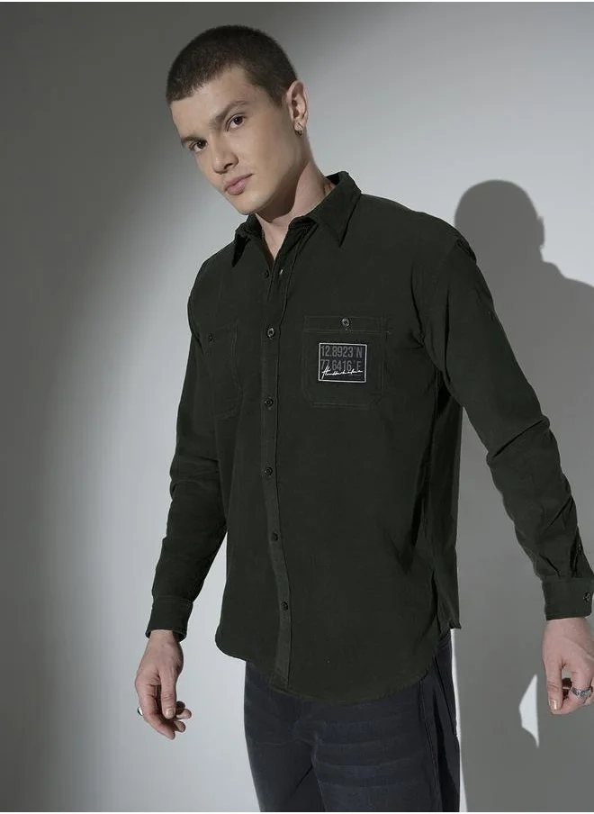 هوبرهولمي Green Corduroy Oversized Casual Shirt for Men, Stylish and Comfortable