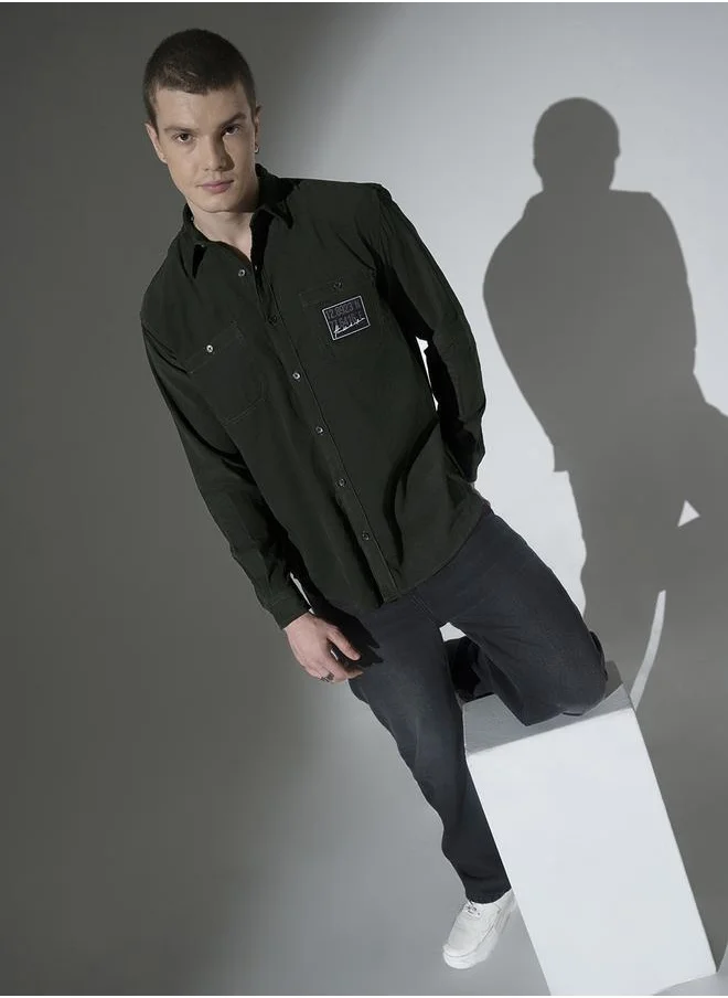 هوبرهولمي Green Corduroy Oversized Casual Shirt for Men, Stylish and Comfortable