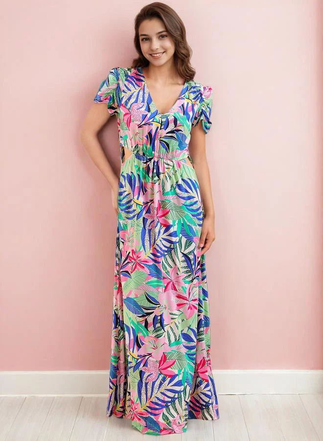 Freehand  Tropical Print Short Sleeve Maxi Dress for Women | Best Price UAE