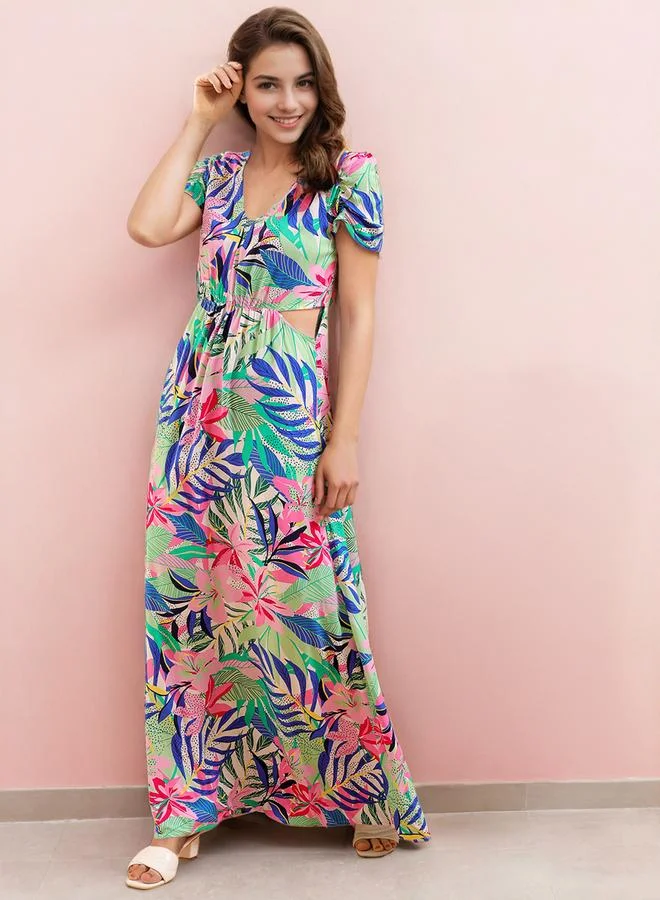 Freehand Tropical Print Short Sleeve Maxi Dress