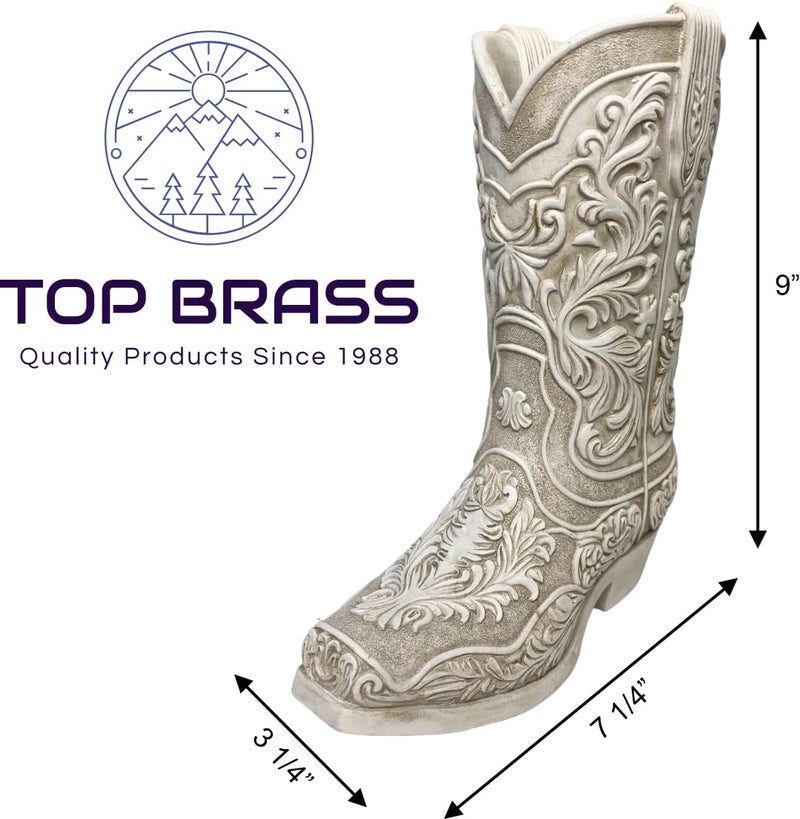 Top Brass Cowgirl Boot Flower Vase â€“ 9â€ Tall Antique White Finish with Intricate Tooled Leather Detailing - Decorative Western Cowboy Modern Rustic Decor - Image 3