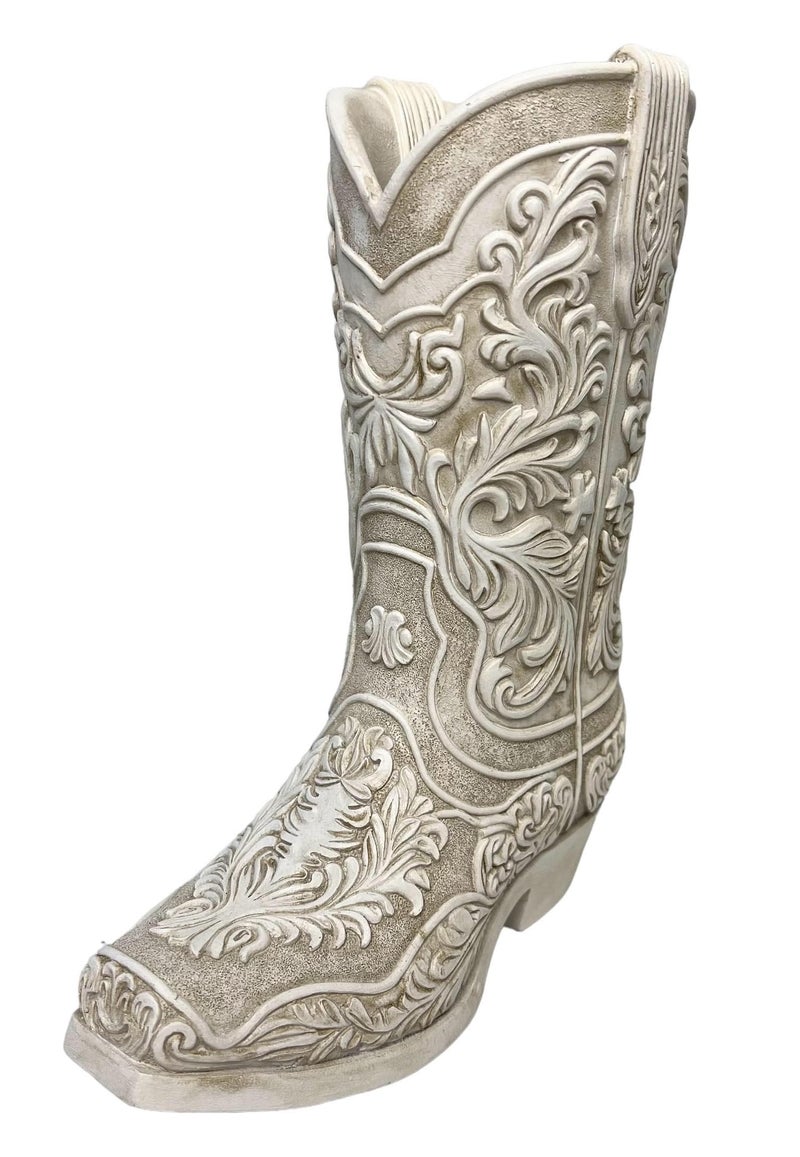 Top Brass Cowgirl Boot Flower Vase â€“ 9â€ Tall Antique White Finish with Intricate Tooled Leather Detailing - Decorative Western Cowboy Modern Rustic Decor - Image 1