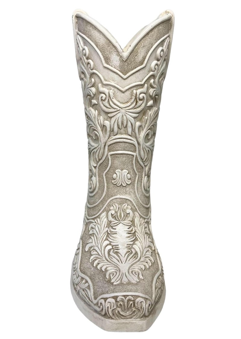 Top Brass Cowgirl Boot Flower Vase â€“ 9â€ Tall Antique White Finish with Intricate Tooled Leather Detailing - Decorative Western Cowboy Modern Rustic Decor - Image 4
