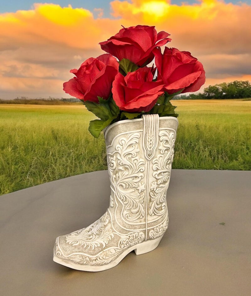Top Brass Cowgirl Boot Flower Vase â€“ 9â€ Tall Antique White Finish with Intricate Tooled Leather Detailing - Decorative Western Cowboy Modern Rustic Decor - Image 2