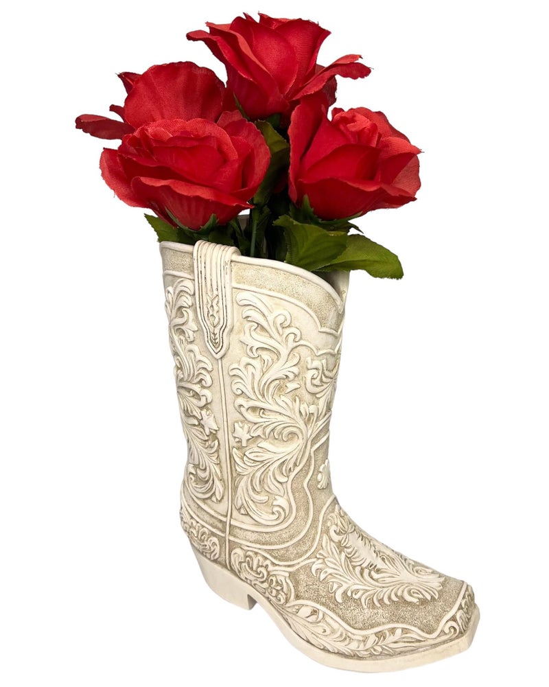 Top Brass Cowgirl Boot Flower Vase â€“ 9â€ Tall Antique White Finish with Intricate Tooled Leather Detailing - Decorative Western Cowboy Modern Rustic Decor - Image 5