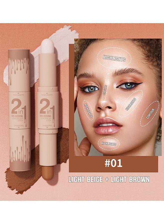 HelloKiss 2-in-1 Three-Dimensional Concealer Stick, Dual-End Highlighter Makeup Stick Contour Stick, Cream Contour Bronzer Sticks, Waterproof Face Concealer Pen For Body Face Brighten Facial Shade, Create 3D Makeup (Light Beige + Light Brown) - Image 2