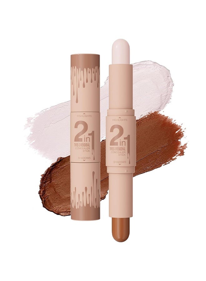 HelloKiss 2-in-1 Three-Dimensional Concealer Stick, Dual-End Highlighter Makeup Stick Contour Stick, Cream Contour Bronzer Sticks, Waterproof Face Concealer Pen For Body Face Brighten Facial Shade, Create 3D Makeup (Light Beige + Light Brown) - Image 1
