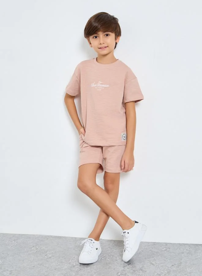 Styli Styli Boys Beige Cotton T-Shirt and Shorts Set