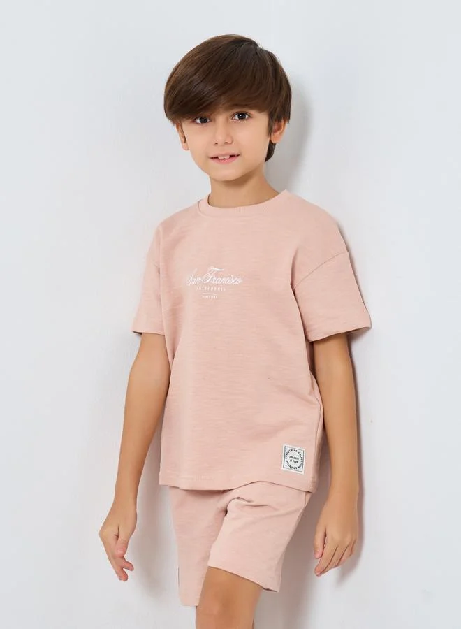 Styli Styli Boys Beige Cotton T-Shirt and Shorts Set