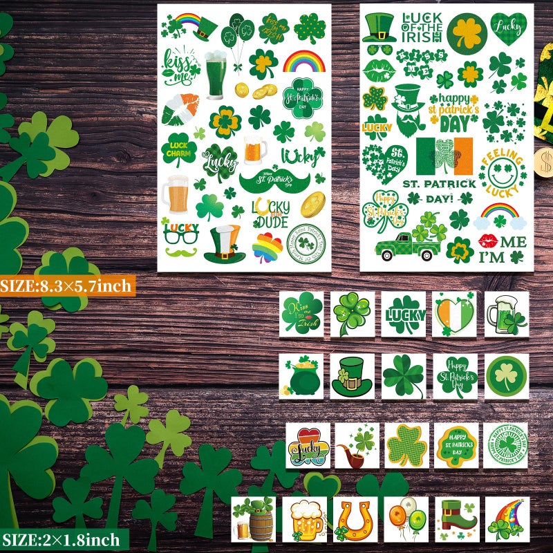 Zeecdatoo 23 Sheets Large Glitter St. Patrick's Day Tattoos Accessories, 100+ Pcs Lucky Clover Shamrock Temporary Tattoos, Glitter Body Jewelry Irish Parade Party Favors Decorations - Image 3
