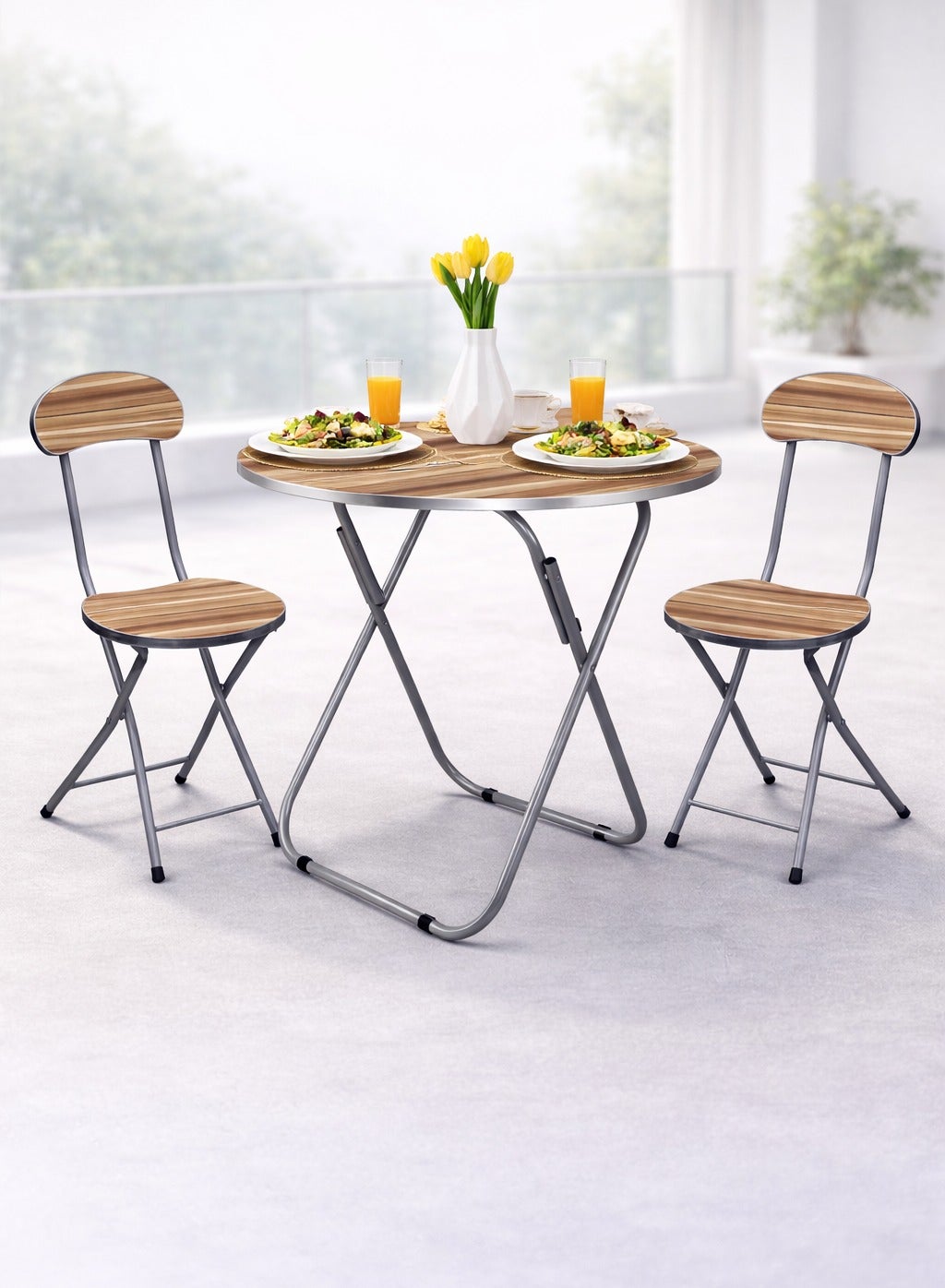 DBLEW Set Of Foldable Wooden Round Table And 2 Folding Chairs