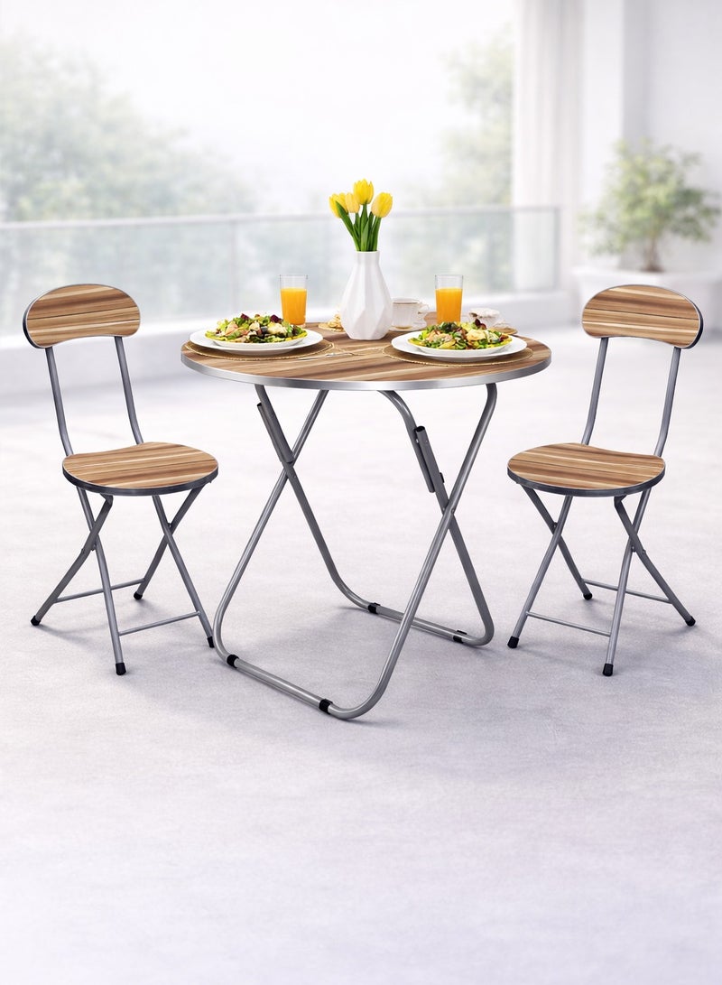 DBLEW Set Of Foldable Wooden Round Table And 2 Folding Chairs Seats Metal Frame For Breakfast Computer Laptop Desk Office Workstation Kitchen Balcony Home Dining Outdoor Picnic Beach Desert Camping - Image 1