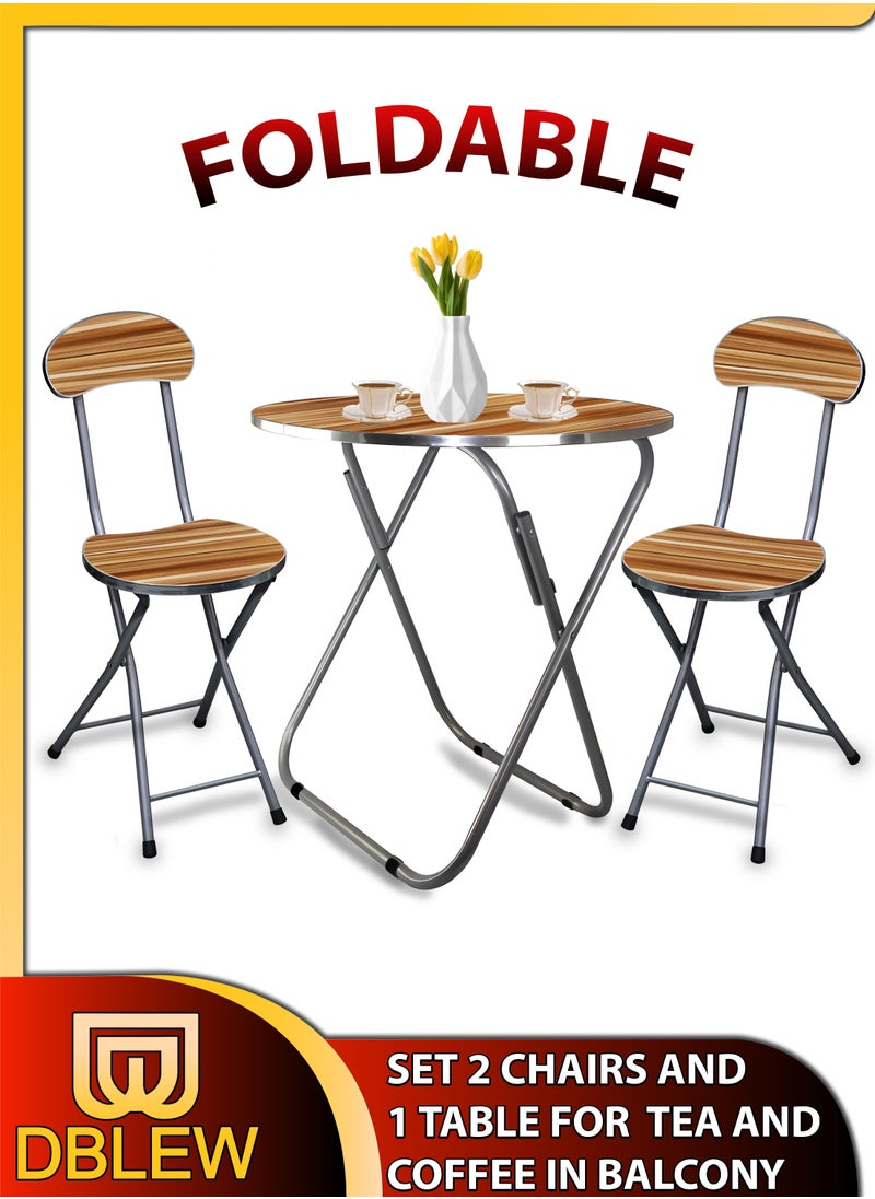 DBLEW Set Of Foldable Wooden Round Table And 2 Folding Chairs Seats Metal Frame For Breakfast Computer Laptop Desk Office Workstation Kitchen Balcony Home Dining Outdoor Picnic Beach Desert Camping  - Image 1