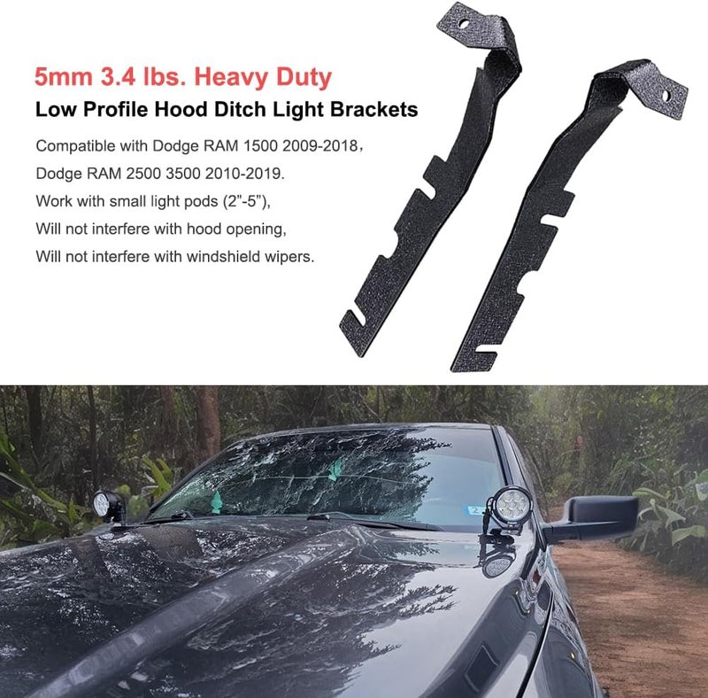 DarSeity Heavy Duty Low Profile Mount Hood Hinges Ditch Light Brackets for Dodge RAM 1500 2500 3500 (2009-2018) - Image 2