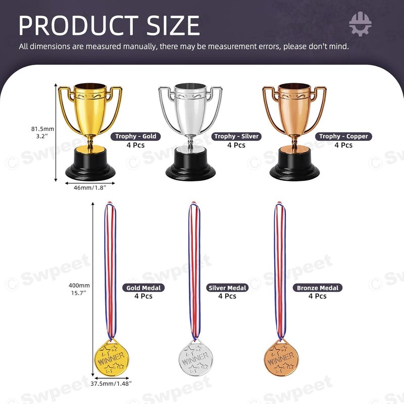 Swpeet Gold Silver Bronze 12Pcs 1.8×3.2 Inches Trophy Cup and 12Pcs 1.48×15.7 Inches Award Medals with Neck Ribbon, Ideal for Team Award Ceremonies Championship Games Sports Competitions - Image 2