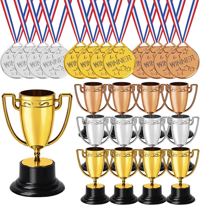 Swpeet Gold Silver Bronze 12Pcs 1.8×3.2 Inches Trophy Cup and 12Pcs 1.48×15.7 Inches Award Medals with Neck Ribbon, Ideal for Team Award Ceremonies Championship Games Sports Competitions - Image 1
