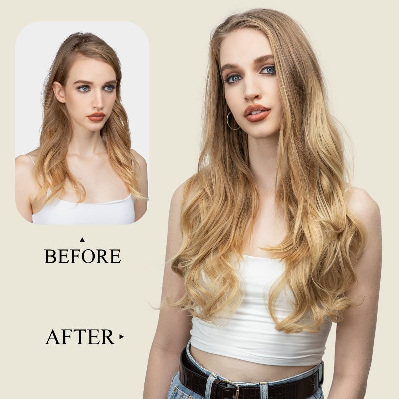 SARLA Clip in U Part Hair Extensions Synthetic Long Wavy Curly Thick Full Head Hairpiece for Women Black Brown 24 Inch - Image 4