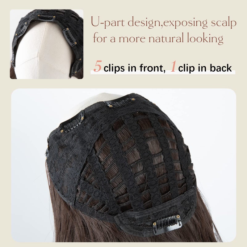 SARLA Clip in U Part Hair Extensions Synthetic Long Wavy Curly Thick Full Head Hairpiece for Women Black Brown 24 Inch - Image 3