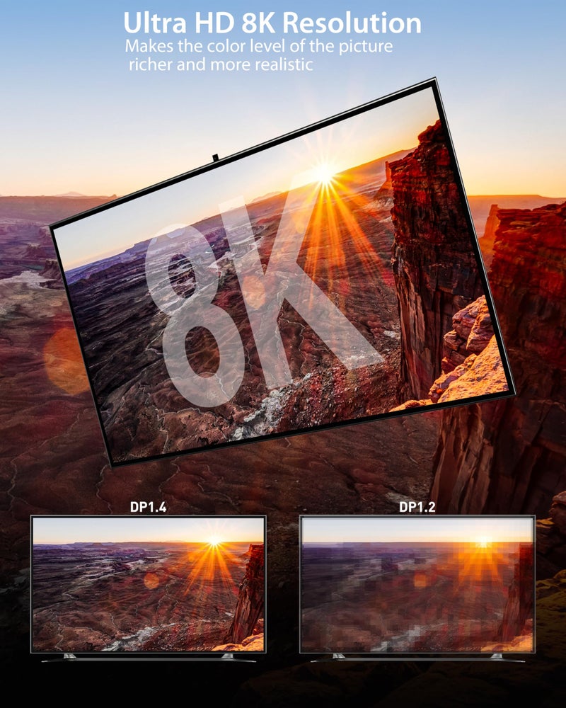 كابل Stouchi DisplayPort 1.4، كابل DP بسرعة 8K وطول 2 متر بسرعة نقل 32.4 جيجابت/ثانية، يدعم دقة 8K@60Hz وHBR3 و4K@60Hz/144Hz/120Hz و5K@60Hz و1080P@240Hz، كما يدعم تقنيات FreeSync وG-Sync وHDR10 لمنافذ - Image 3