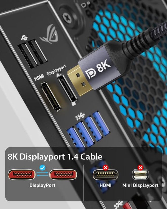 كابل Stouchi DisplayPort 1.4، كابل DP بسرعة 8K وطول 2 متر بسرعة نقل 32.4 جيجابت/ثانية، يدعم دقة 8K@60Hz وHBR3 و4K@60Hz/144Hz/120Hz و5K@60Hz و1080P@240Hz، كما يدعم تقنيات FreeSync وG-Sync وHDR10 لمنافذ - Image 2