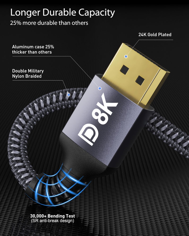 كابل Stouchi DisplayPort 1.4، كابل DP بسرعة 8K وطول 2 متر بسرعة نقل 32.4 جيجابت/ثانية، يدعم دقة 8K@60Hz وHBR3 و4K@60Hz/144Hz/120Hz و5K@60Hz و1080P@240Hz، كما يدعم تقنيات FreeSync وG-Sync وHDR10 لمنافذ - Image 4
