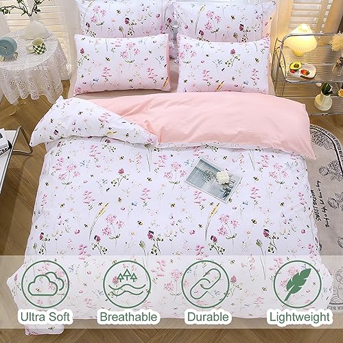 URBONUR Floral Duvet Cover Set King Size Pink 3 Piece Spring Garden Flowers Bee Print Duvet Covers for Girls Women Soft Microfiber Bedding Set - Image 3