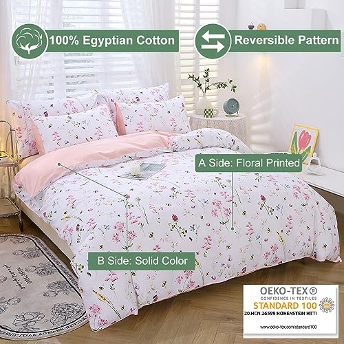 URBONUR Floral Duvet Cover Set King Size Pink 3 Piece Spring Garden Flowers Bee Print Duvet Covers for Girls Women Soft Microfiber Bedding Set - Image 2