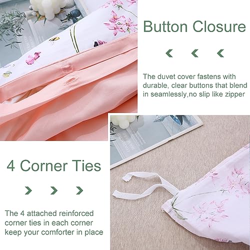 URBONUR Floral Duvet Cover Set King Size Pink 3 Piece Spring Garden Flowers Bee Print Duvet Covers for Girls Women Soft Microfiber Bedding Set - Image 4