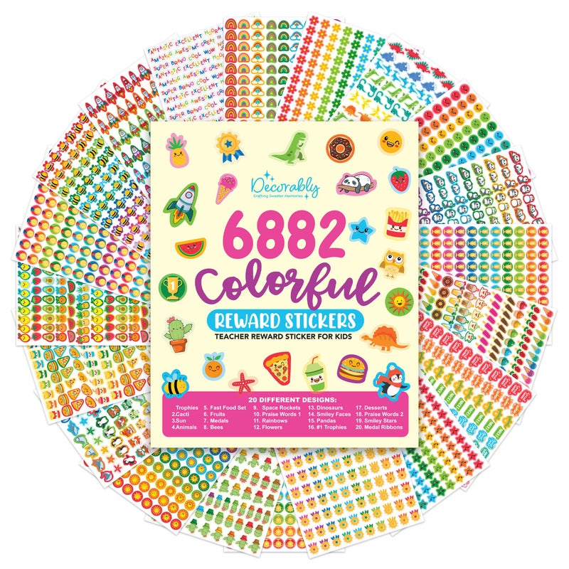 Decorably 6,882 Assorted Small Reward Stickers for Kids - 60 Sheets Sticker Chart Stickers, Classroom Activities, Positive Reinforcement, Arts & Crafts, Scrapbooking, Gift - Image 1