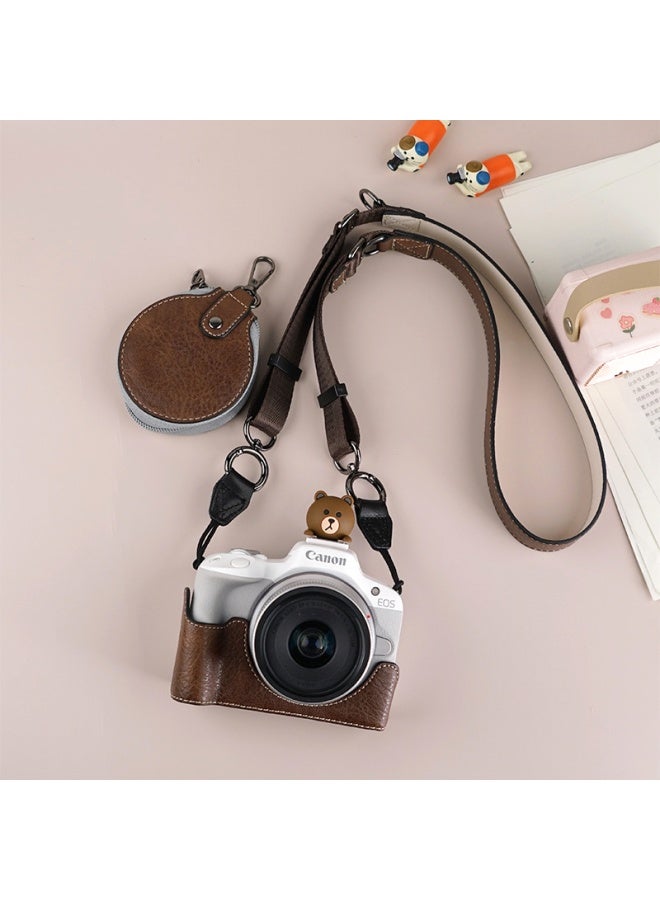 Suitable For Canon R10 Camera Bag R50 Camera Protective Case R100 Protective Case Retro Leather Case Micro Single Crosbody Bag-Color:D: R50/r100 Li Grain (coffee Color) Single Base + V303 Shoulder Strap + Small Bag, Free Screen Tempered Film - Image 1
