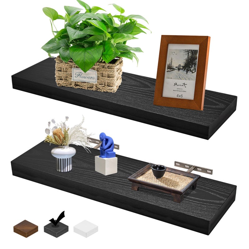 WHOEDEC Floating Shelves Set of 2, Wall Mounted Rustic Wood Shelf for Wall Decor, Wall Shelves for Bathroom Storage, Bedroom Living Room Kitchen, Hanging Shelf Set 23", Black - Image 1