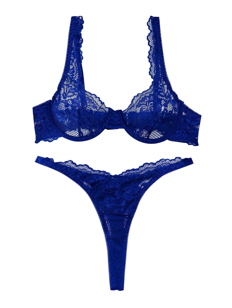 Lilosy Sexy Floral Lace Scallop Underwire Push Up Sheer Lingerie Set Outfits Women See Through Match Thong Bra and Panty 2 Piece Royal Blue Medium - Image 4