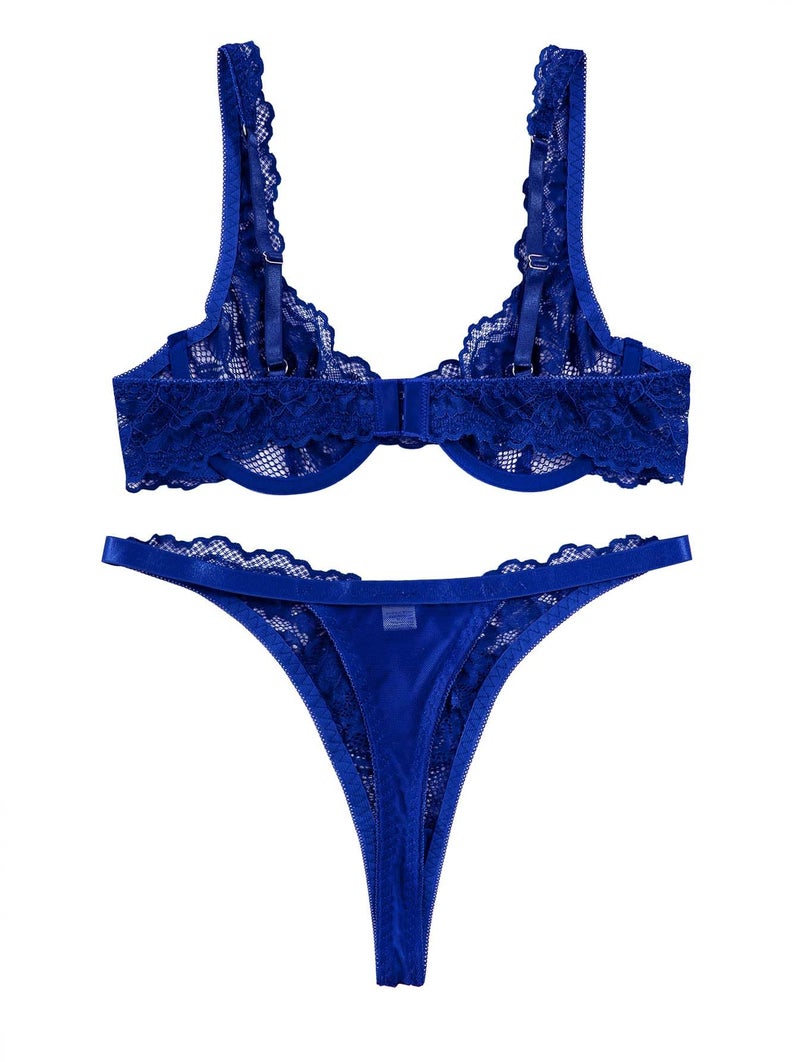 Lilosy Sexy Floral Lace Scallop Underwire Push Up Sheer Lingerie Set Outfits Women See Through Match Thong Bra and Panty 2 Piece Royal Blue Medium - Image 5