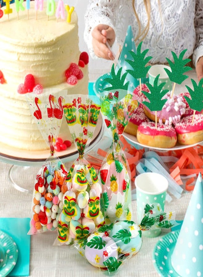 Kesote 100 Pieces Hawaiian Tropical Cellophane Treat Bags, Clear Pineapple Flamingo Goodie Candy Snack Bags Bulk with Twist Ties for Hawaiian Tropical Luau Summer Tiki Bar Party Favor Supplies - Image 4
